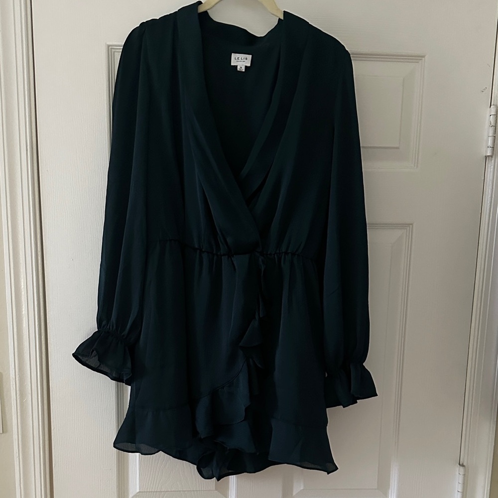 Le Lis Turquoise Ruffle-Trim Long Sleeve Romper